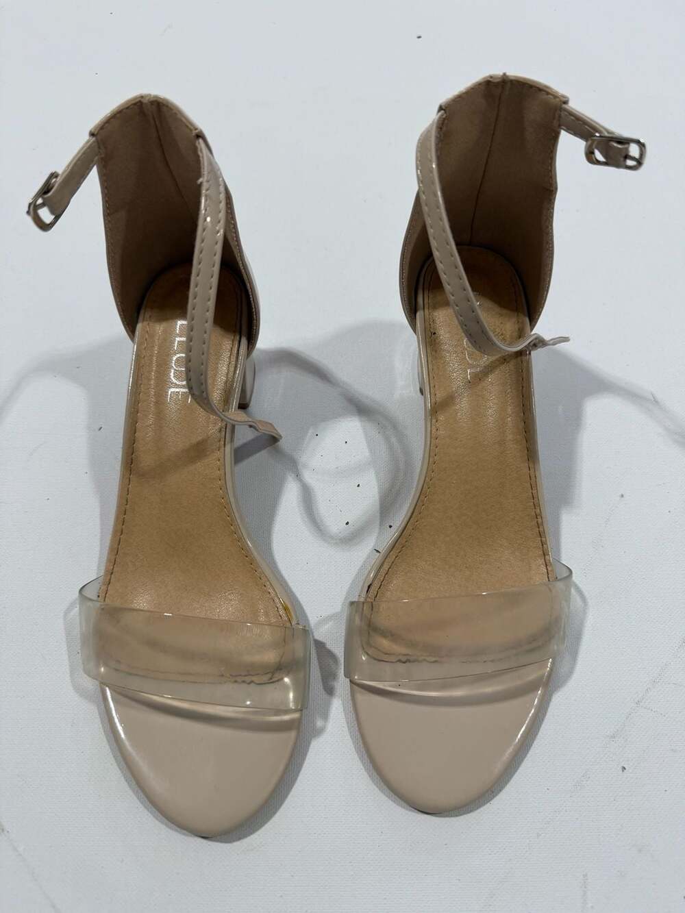 Illude Ankle Strap Block Heel Sandals Size 9 Nude Clear Open Toe Dress Shoes